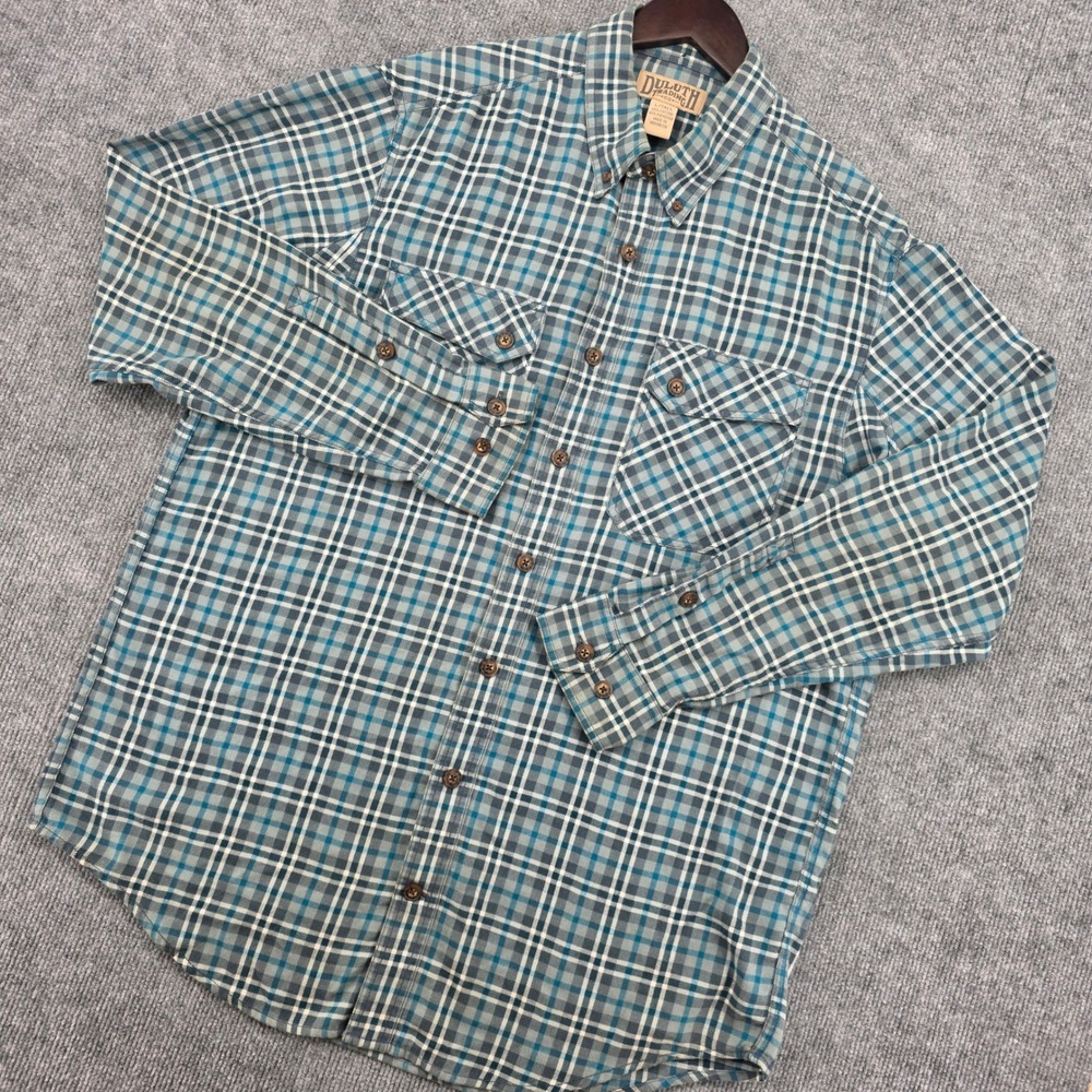 Duluth Trading Co Mens Large Tall Plaid Button Down Shirt Blue Gray Long Sleeve